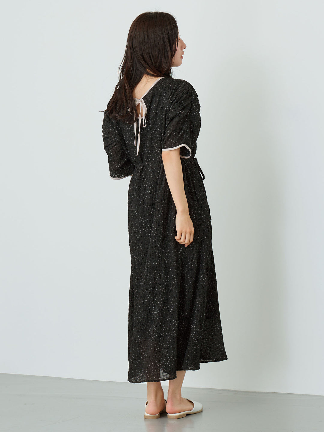 Sheer Dot Raglan Gathered Dress Black
