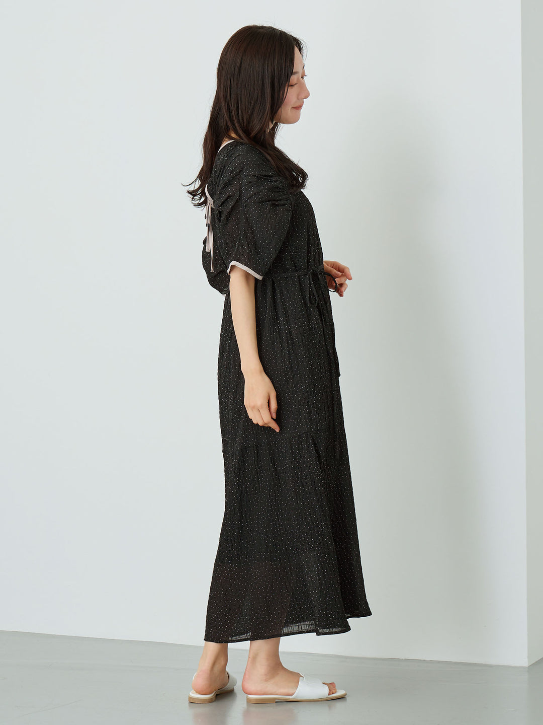 Sheer Dot Raglan Gathered Dress Black