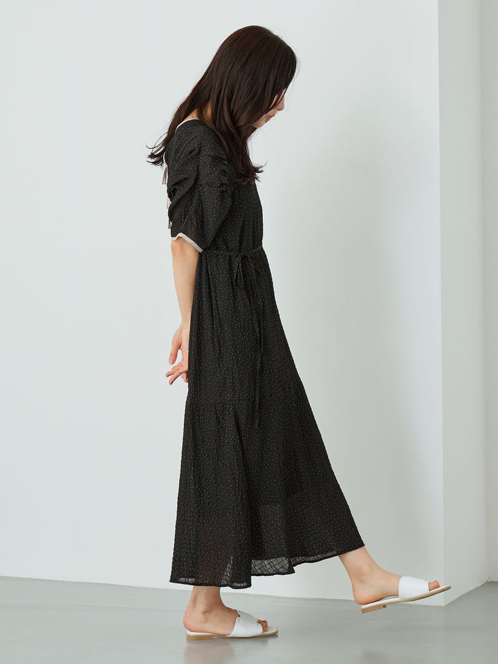 Sheer Dot Raglan Gathered Dress Black