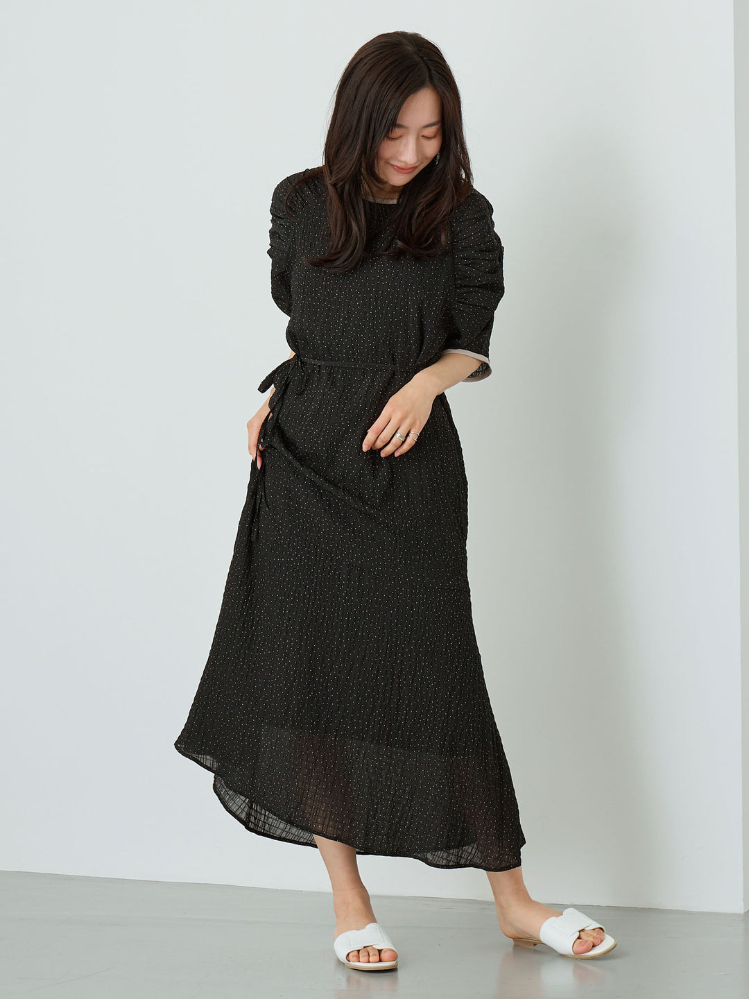 Sheer Dot Raglan Gathered Dress Black