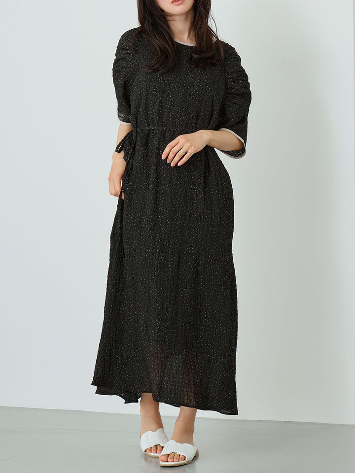 Sheer Dot Raglan Gathered Dress Black