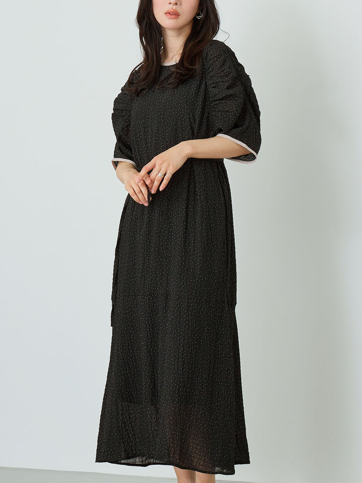 Sheer Dot Raglan Gathered Dress Black