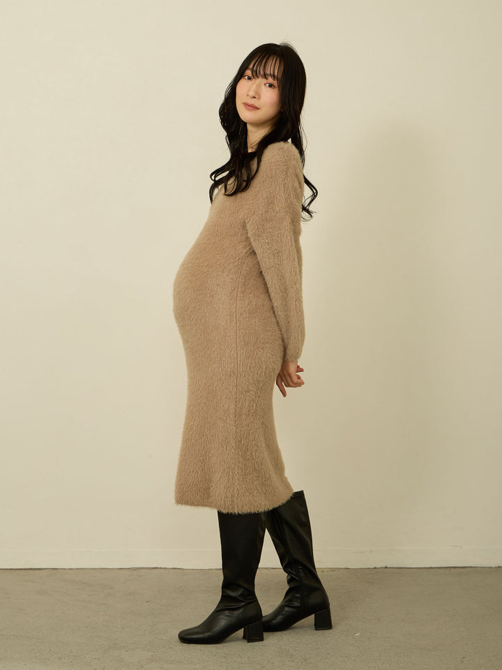 [Maternity/Nursing Clothes] Shaggy knit short dress Beige