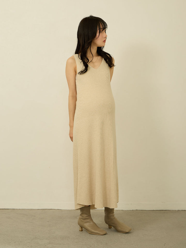 [孕妇/哺乳衣] 短款针织&amp;罗纹无袖连衣裙2件套 灰色