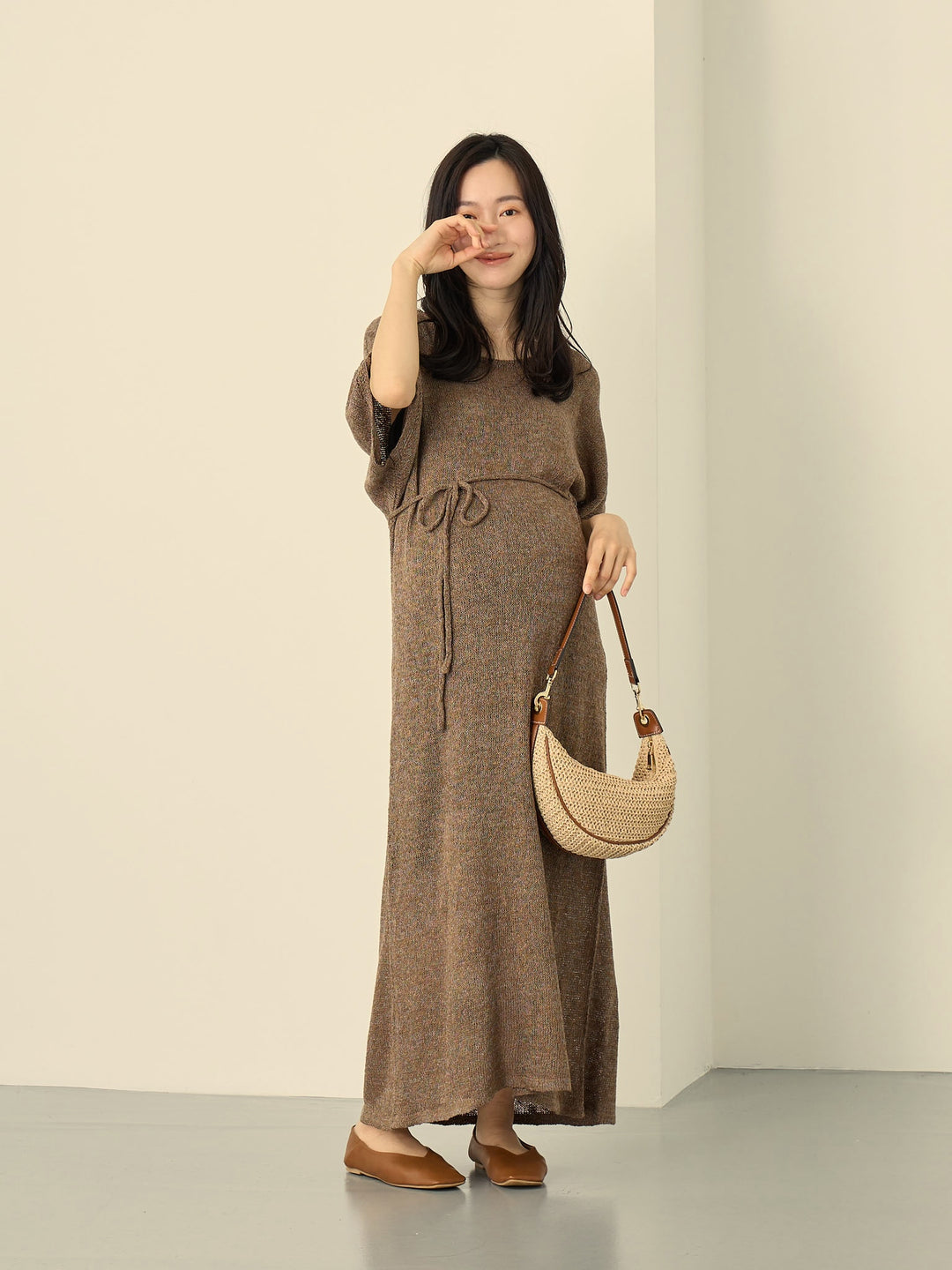 [Maternity/Nursing Clothes] Choose your length! Summer knit dress/cup petticoat set Brown