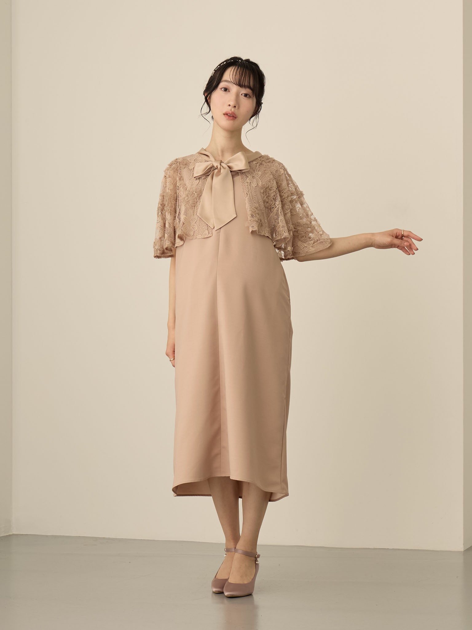 honono マタニティ　レースケープドレス レースケープドレス Pink beige – honono for mom&baby