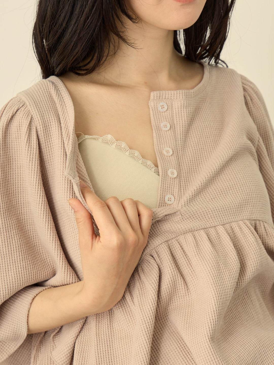 【マタニティ・授乳服】はらまき付きワッフルパジャマセット Pink beige