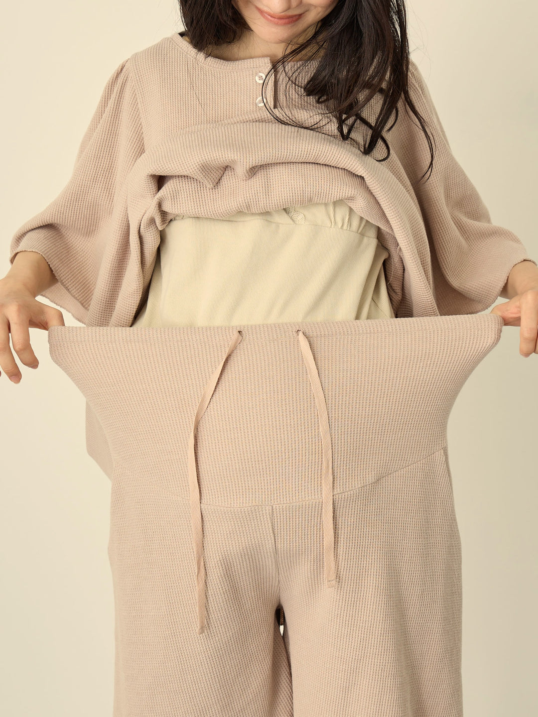 [孕妇/哺乳衣] 原卷华夫格睡衣套装 粉色米色