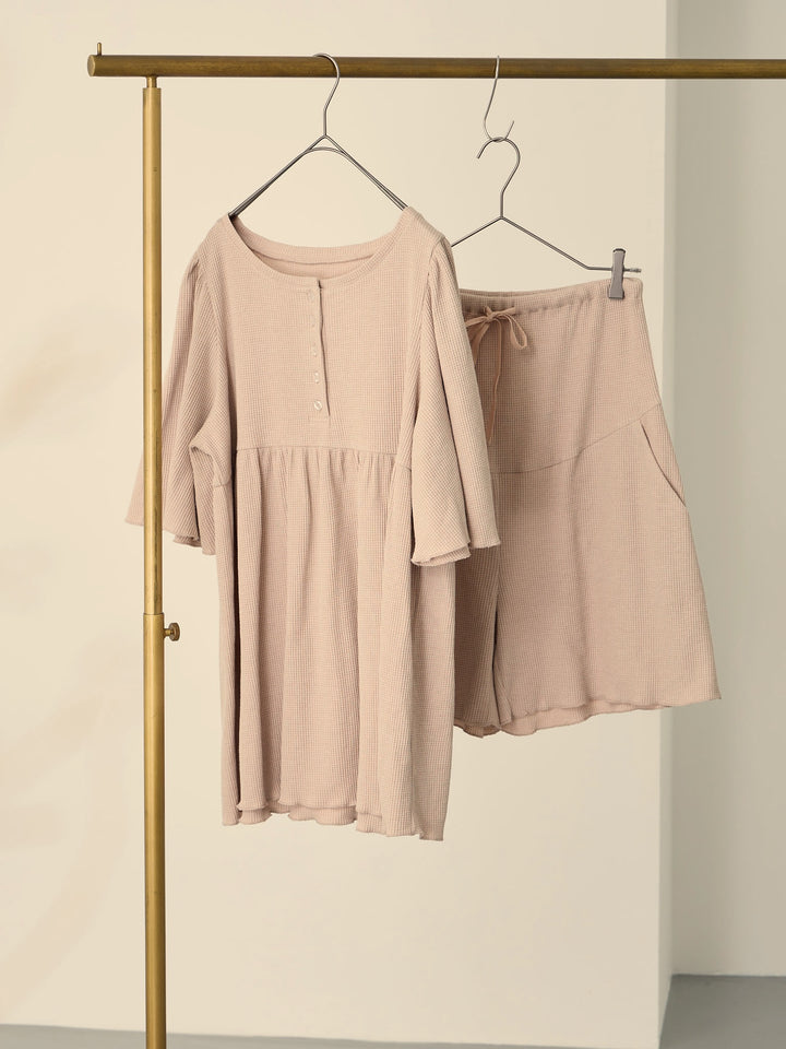 【マタニティ・授乳服】はらまき付きワッフルパジャマセット Pink beige
