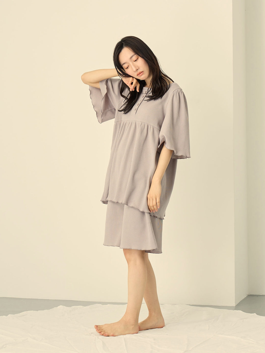 [Maternity/Nursing Clothes] Waffle pajama set with haramaki Light gray
