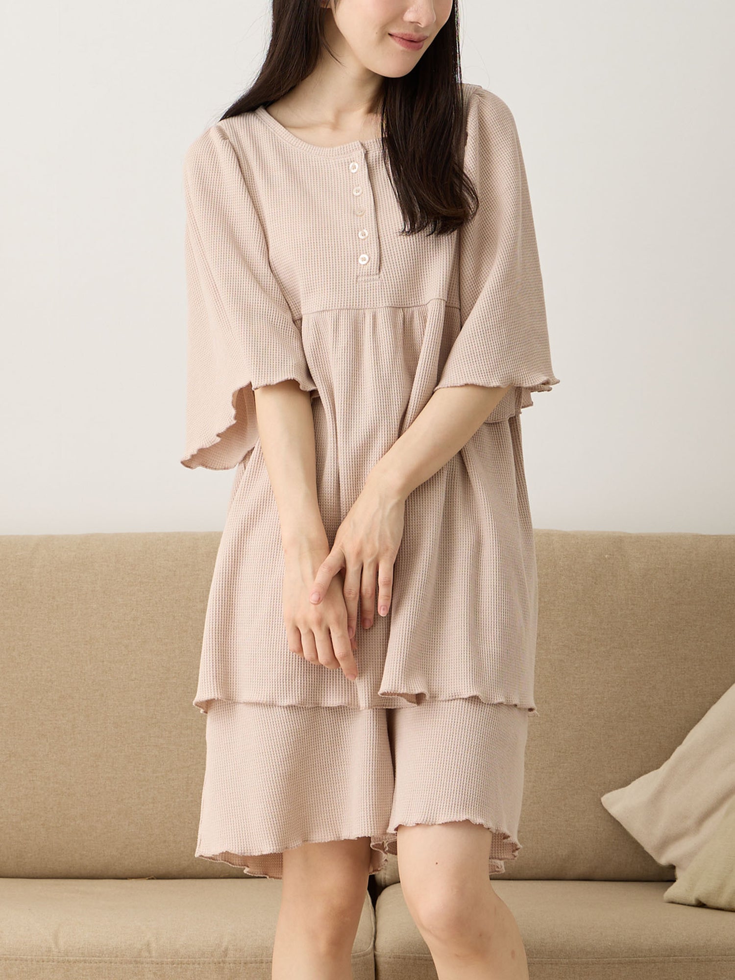 はらまき付きワッフルパジャマセット Pink beige