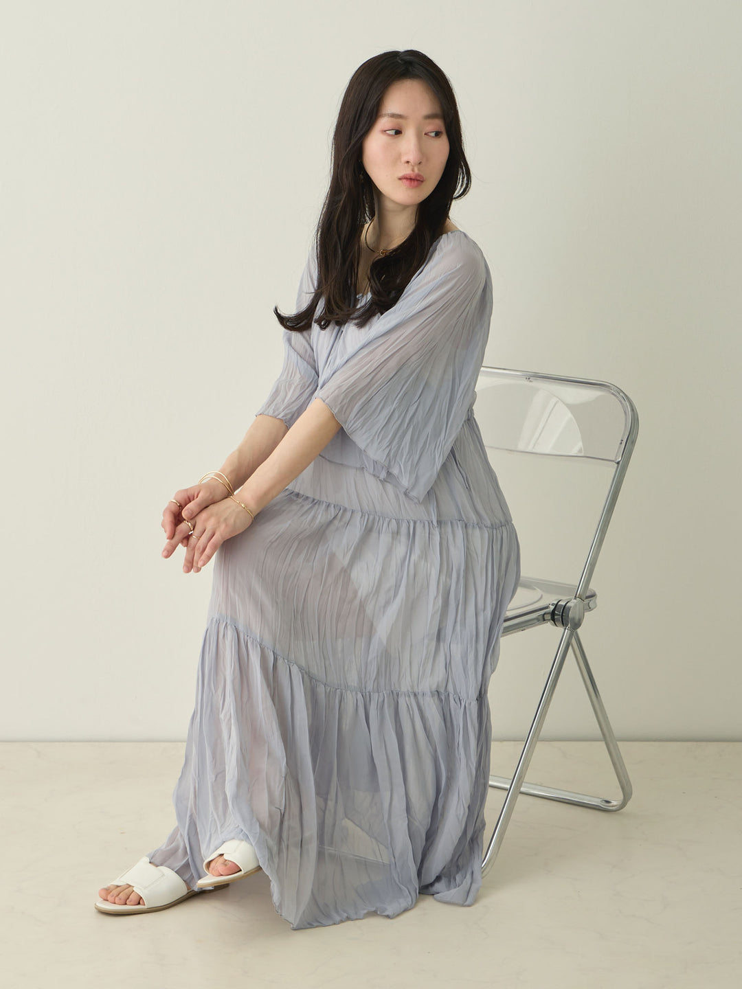 Sheer pleated dress, Light blue