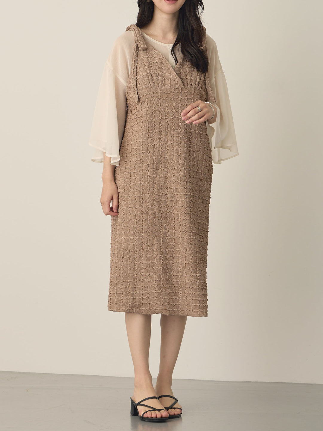 Shoulder Ribbon Cami Dress, Beige