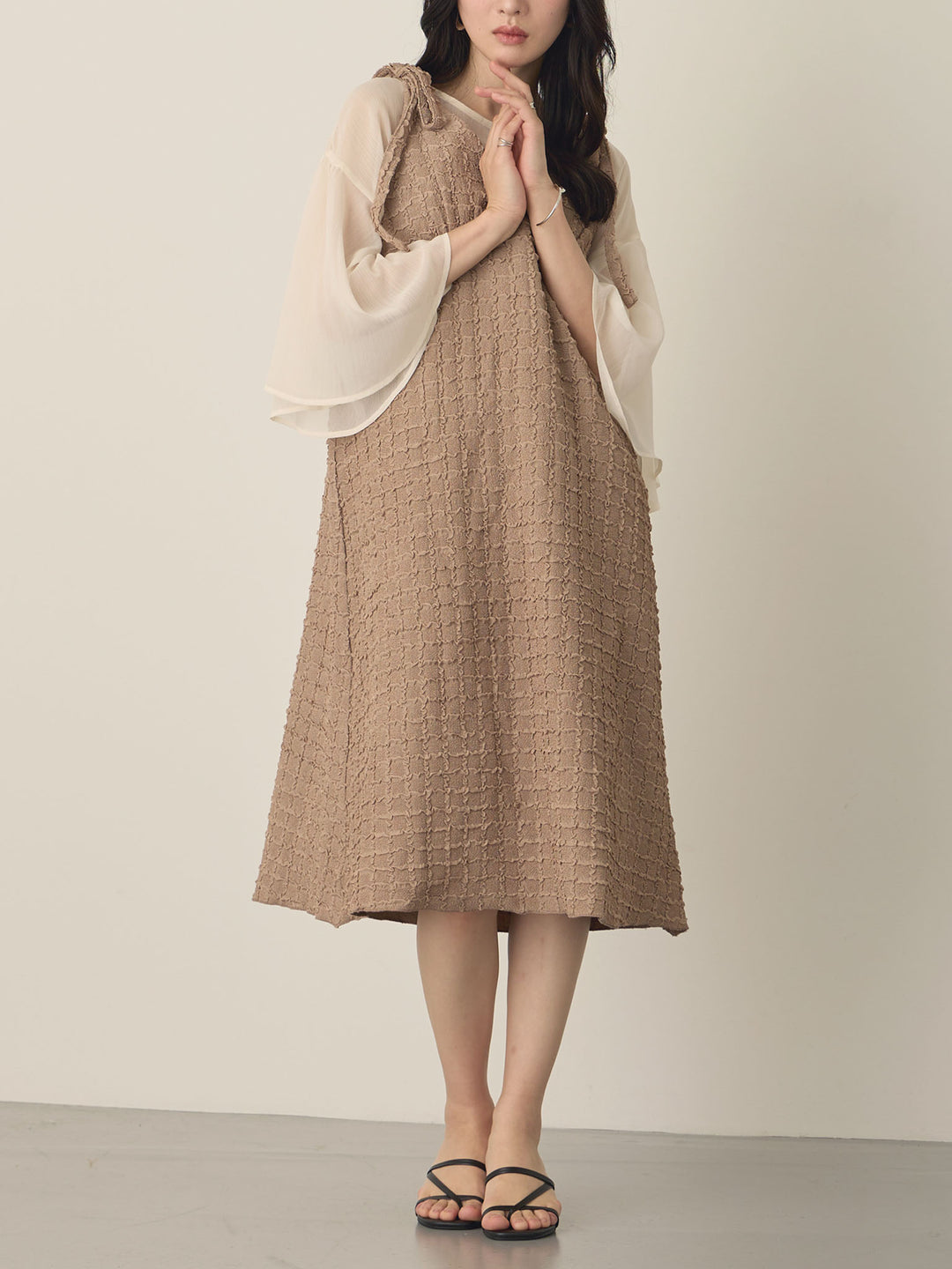Shoulder Ribbon Cami Dress, Beige