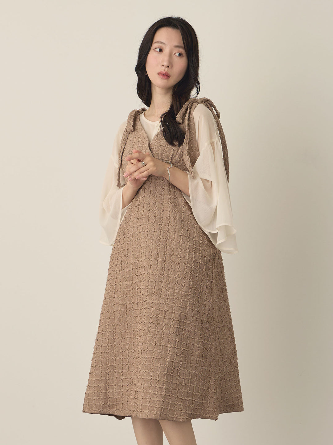 Shoulder Ribbon Cami Dress, Beige