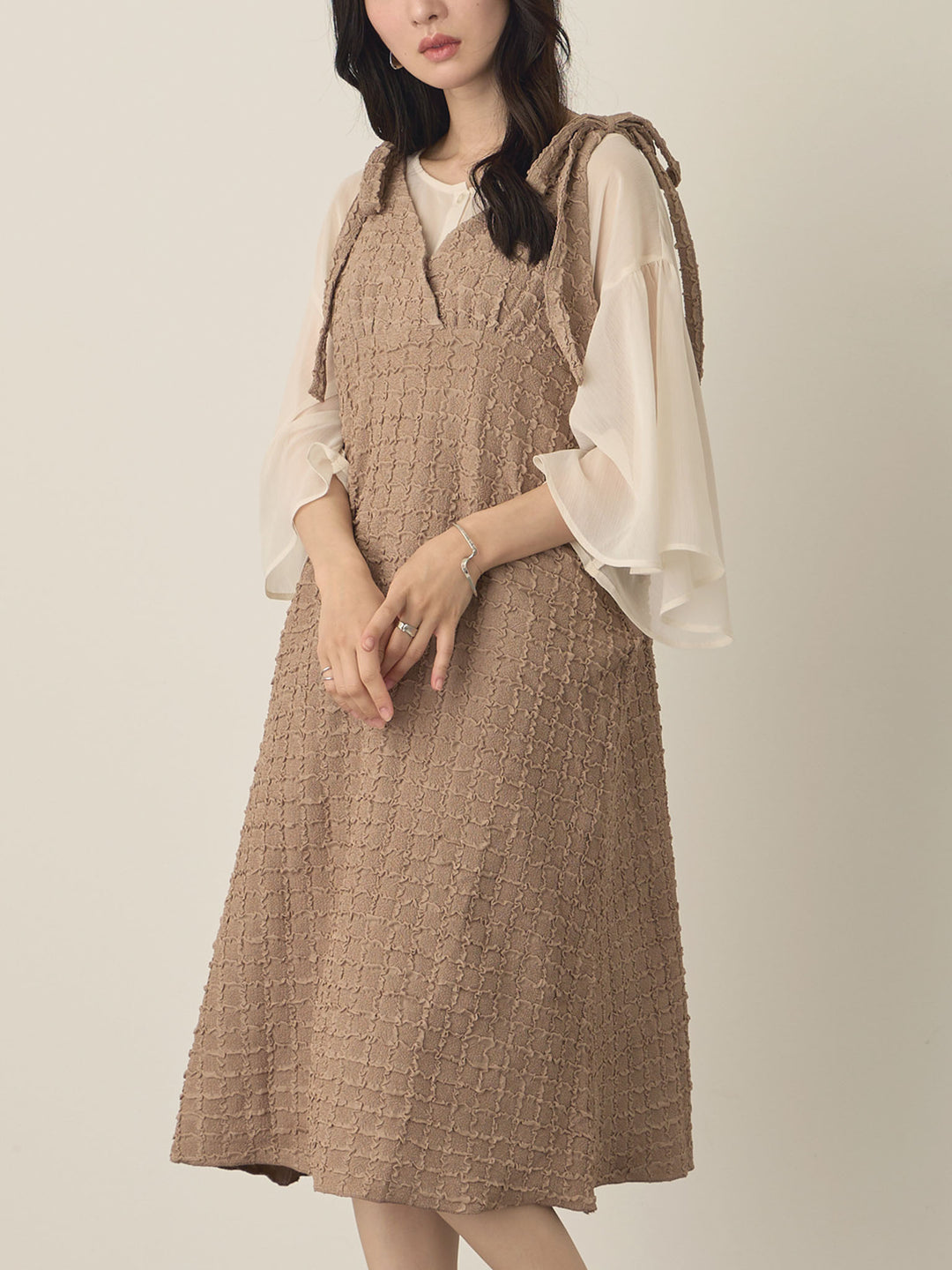Shoulder Ribbon Cami Dress, Beige