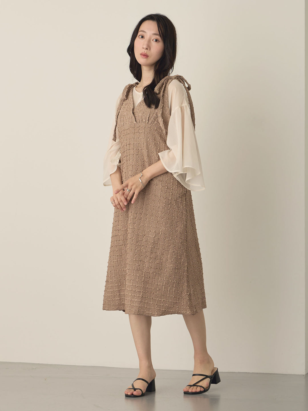 Shoulder Ribbon Cami Dress, Beige