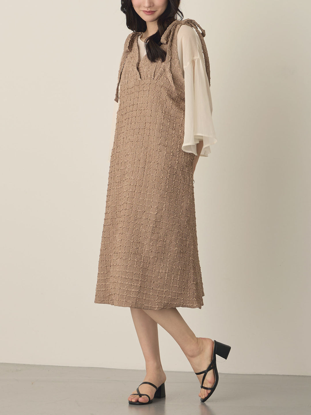 Shoulder Ribbon Cami Dress, Beige
