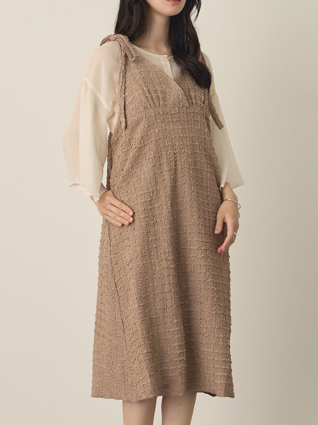 Shoulder Ribbon Cami Dress, Beige