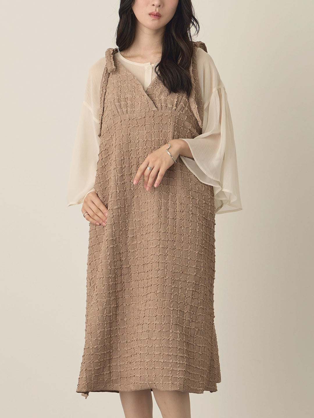 Shoulder Ribbon Cami Dress, Beige