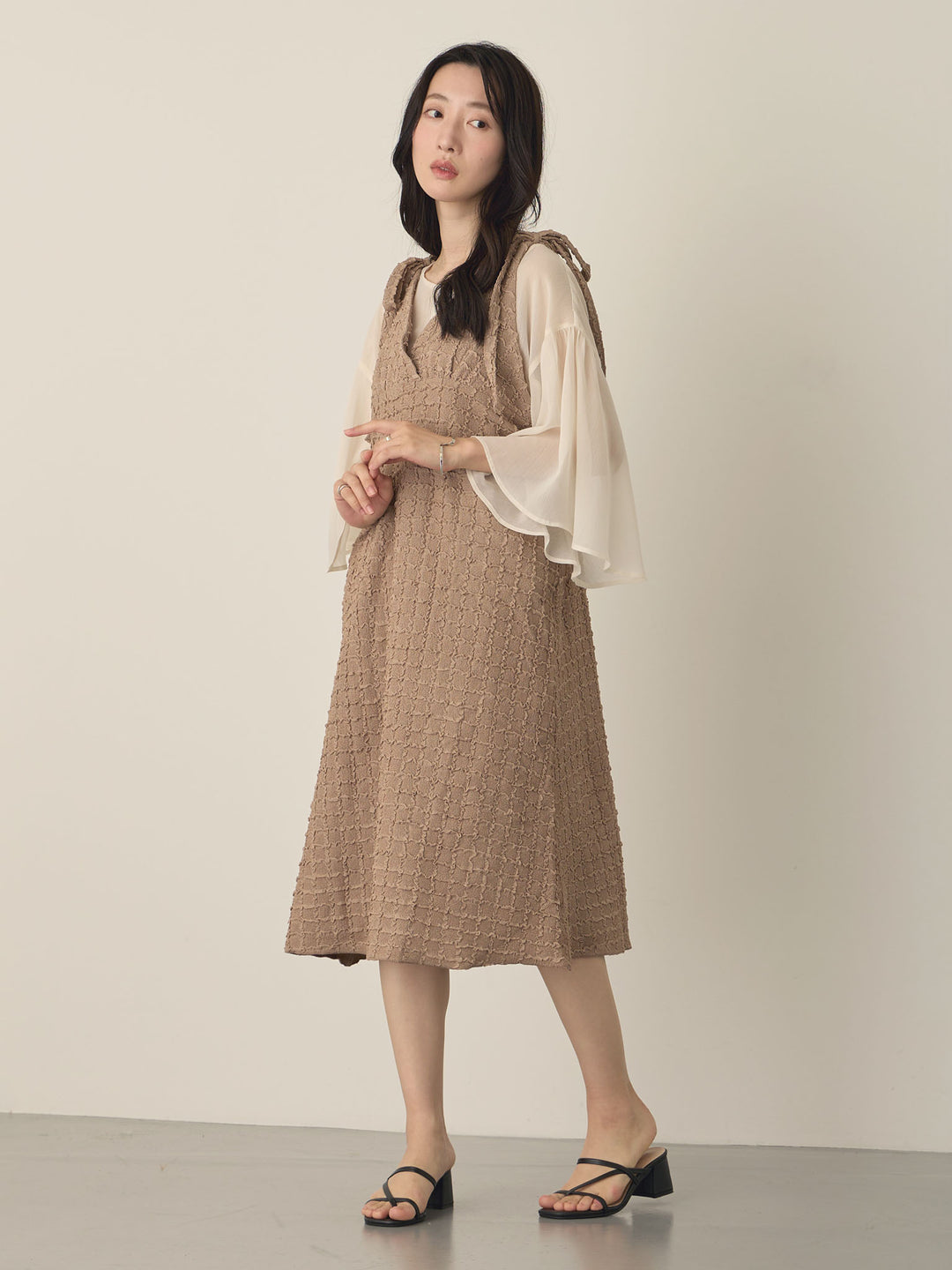 Shoulder Ribbon Cami Dress, Beige