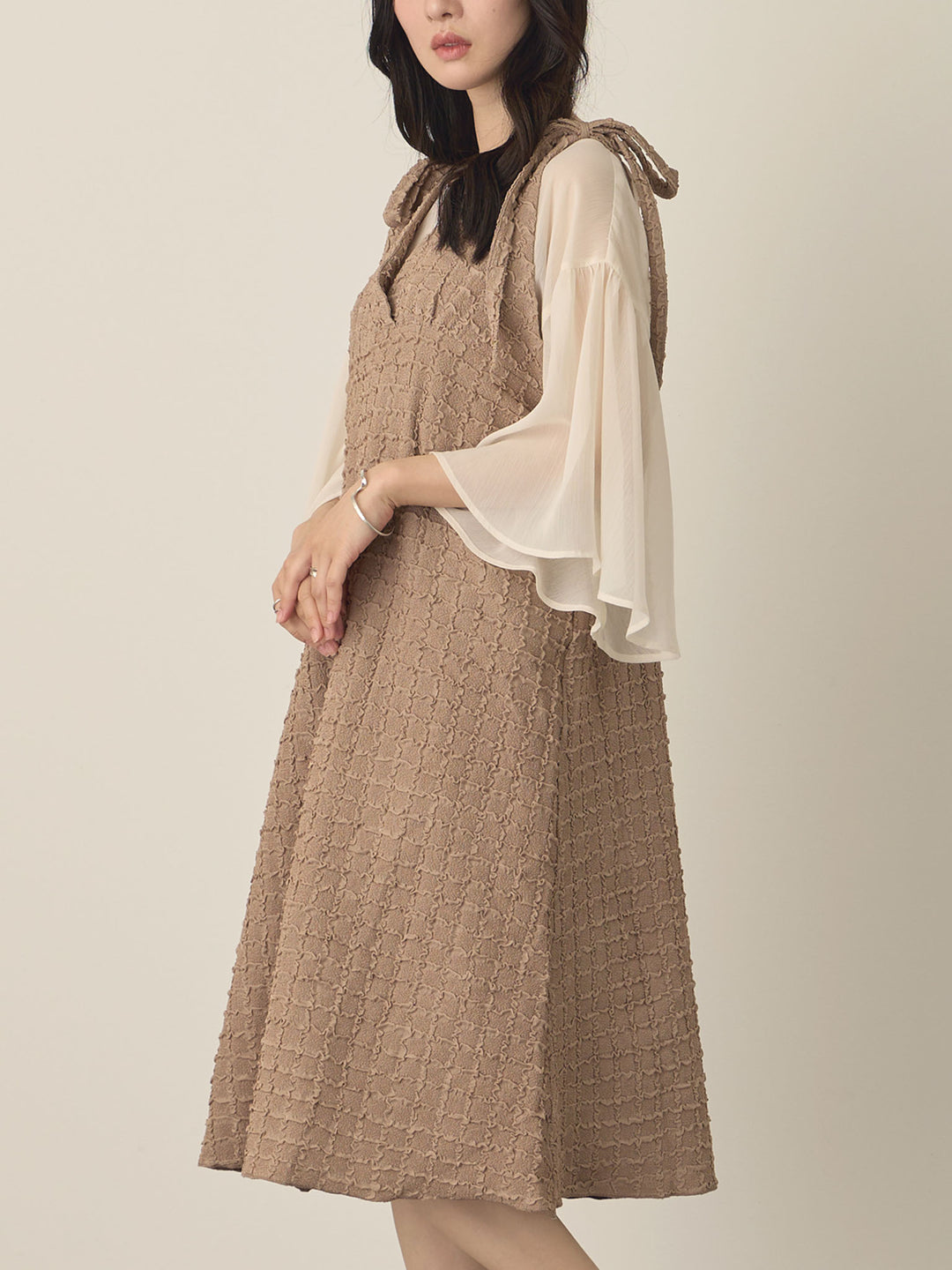 Shoulder Ribbon Cami Dress, Beige