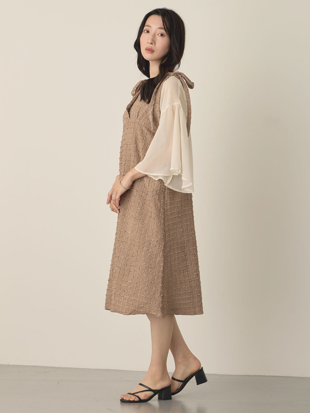 Shoulder Ribbon Cami Dress, Beige