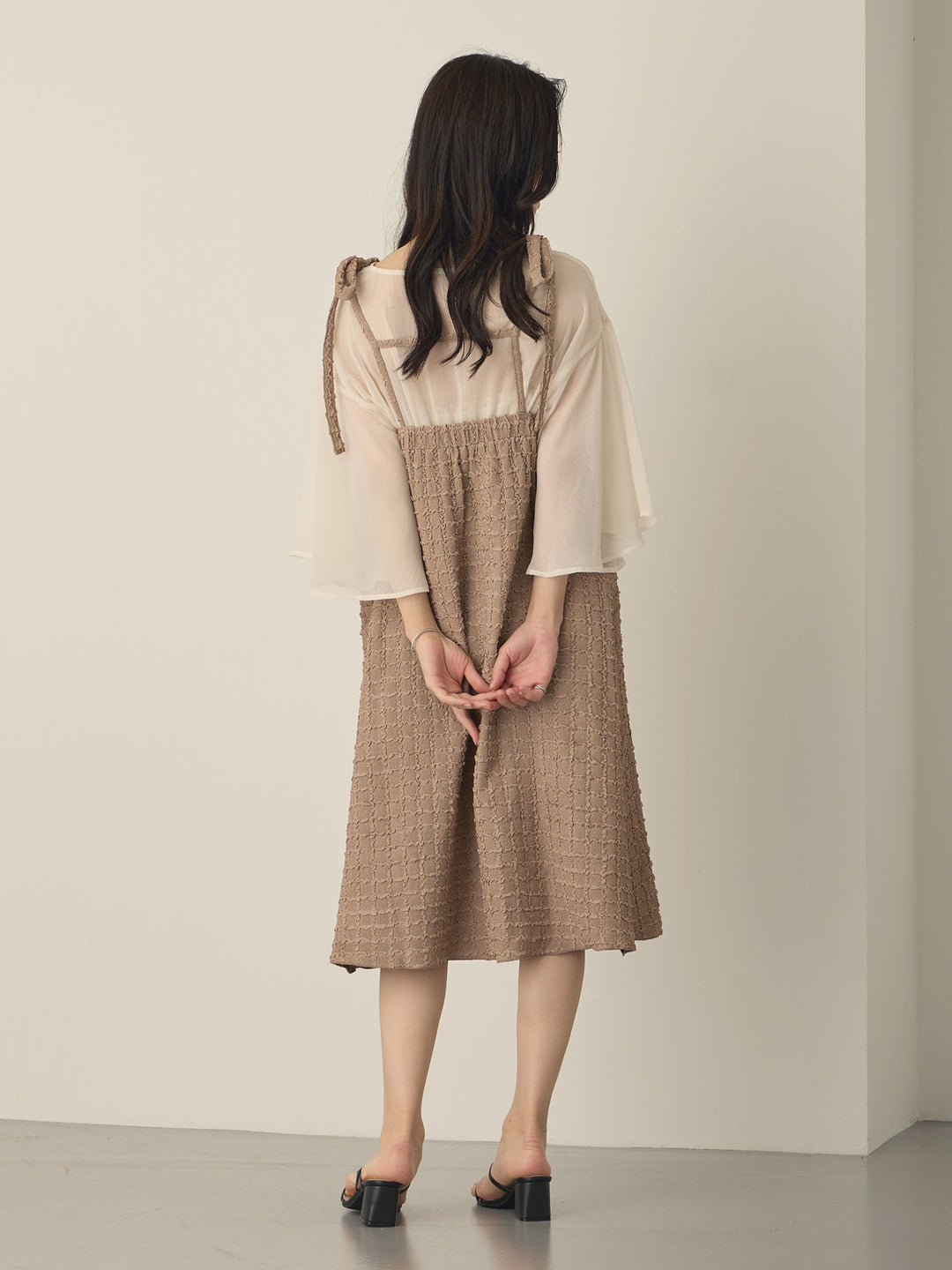 Shoulder Ribbon Cami Dress, Beige