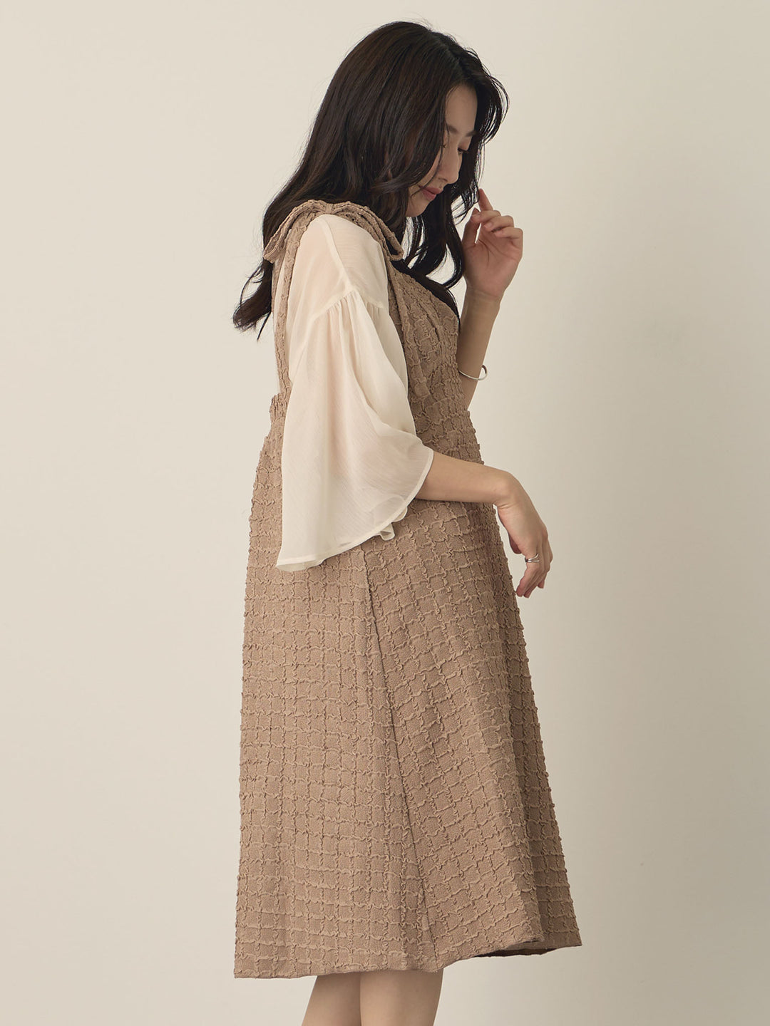 Shoulder Ribbon Cami Dress, Beige