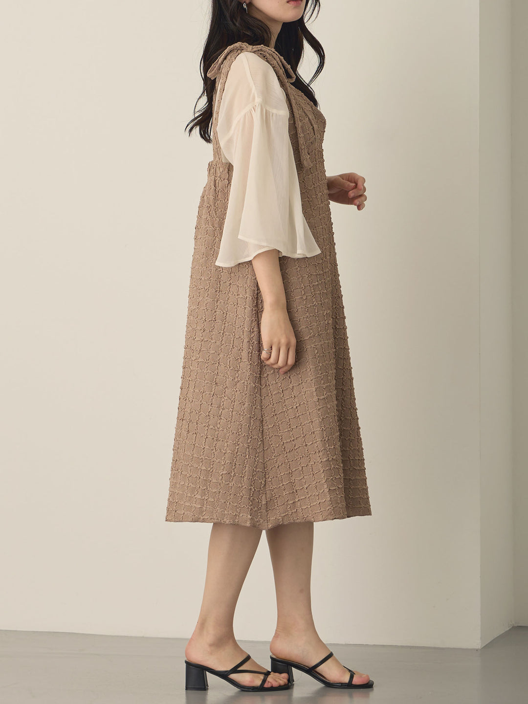 Shoulder Ribbon Cami Dress, Beige