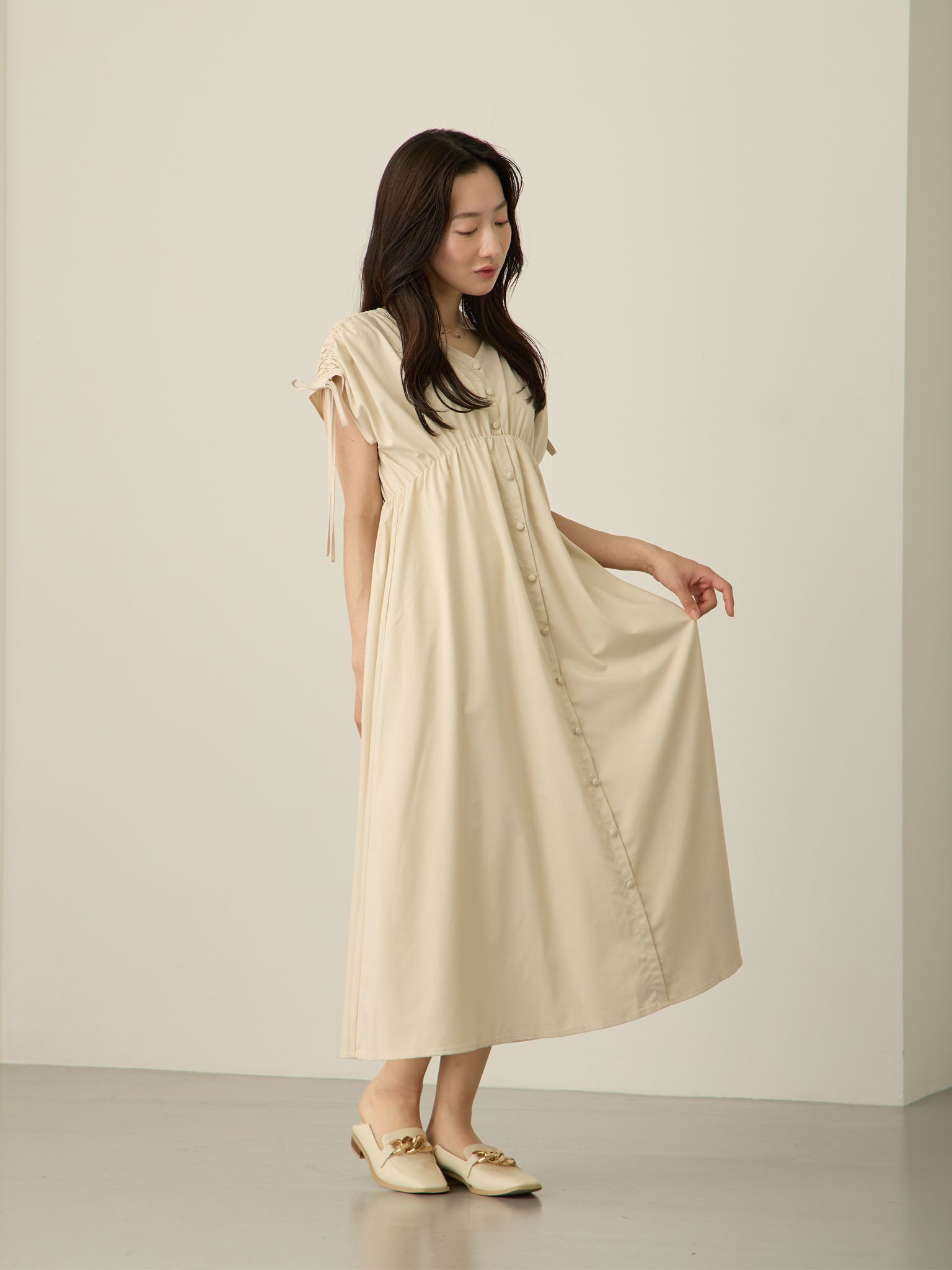 Shirred Sleeve Dress Beige