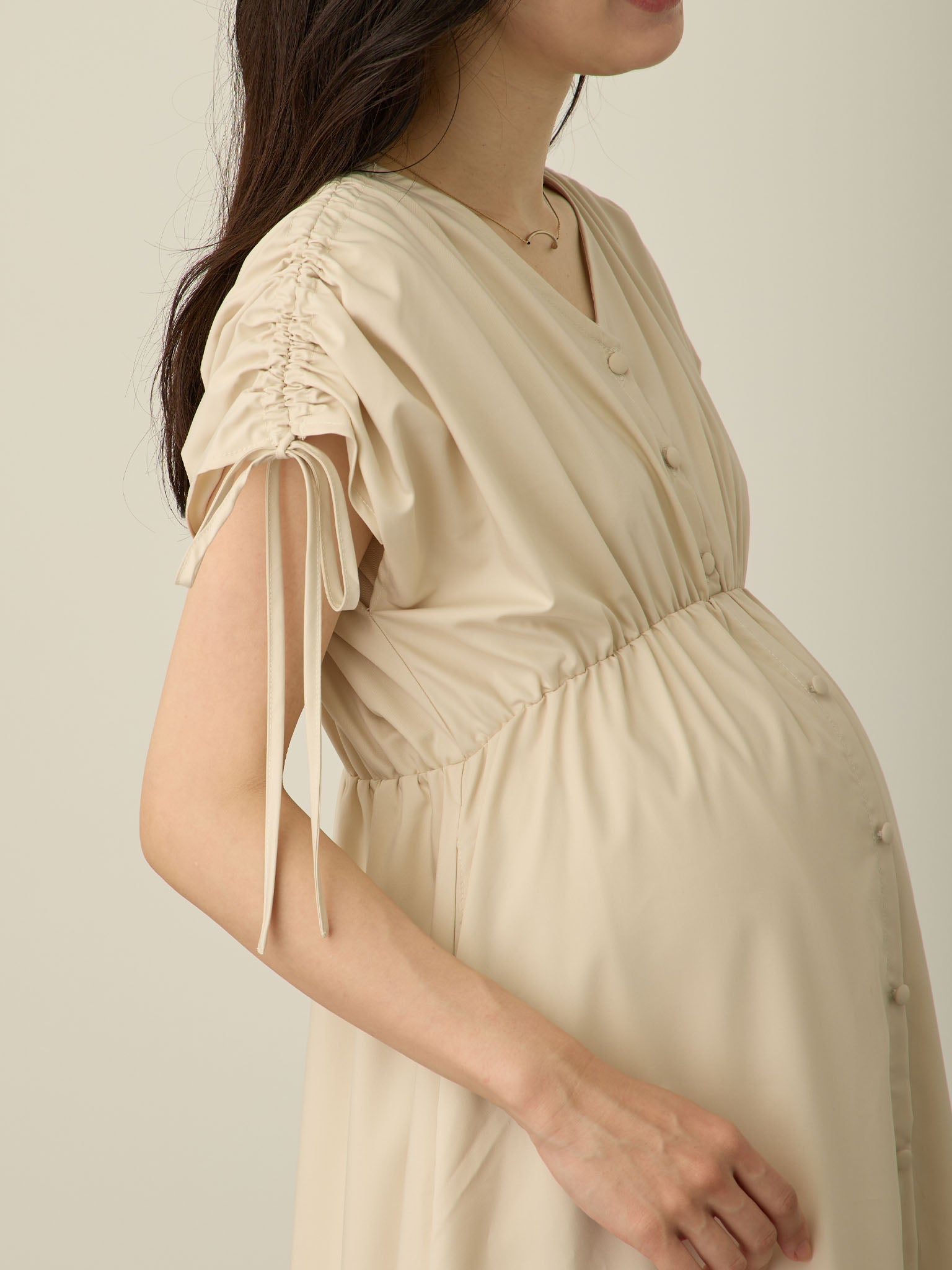 Shirred Sleeve Dress Beige