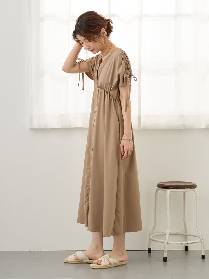 シャーリングスリーブワンピース Brown