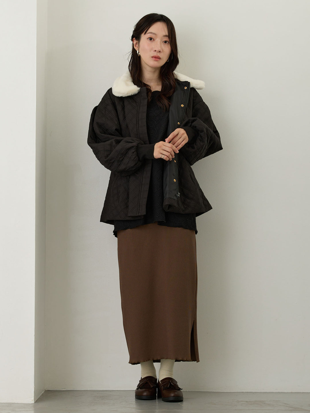 リブカットタイトスカート Brown