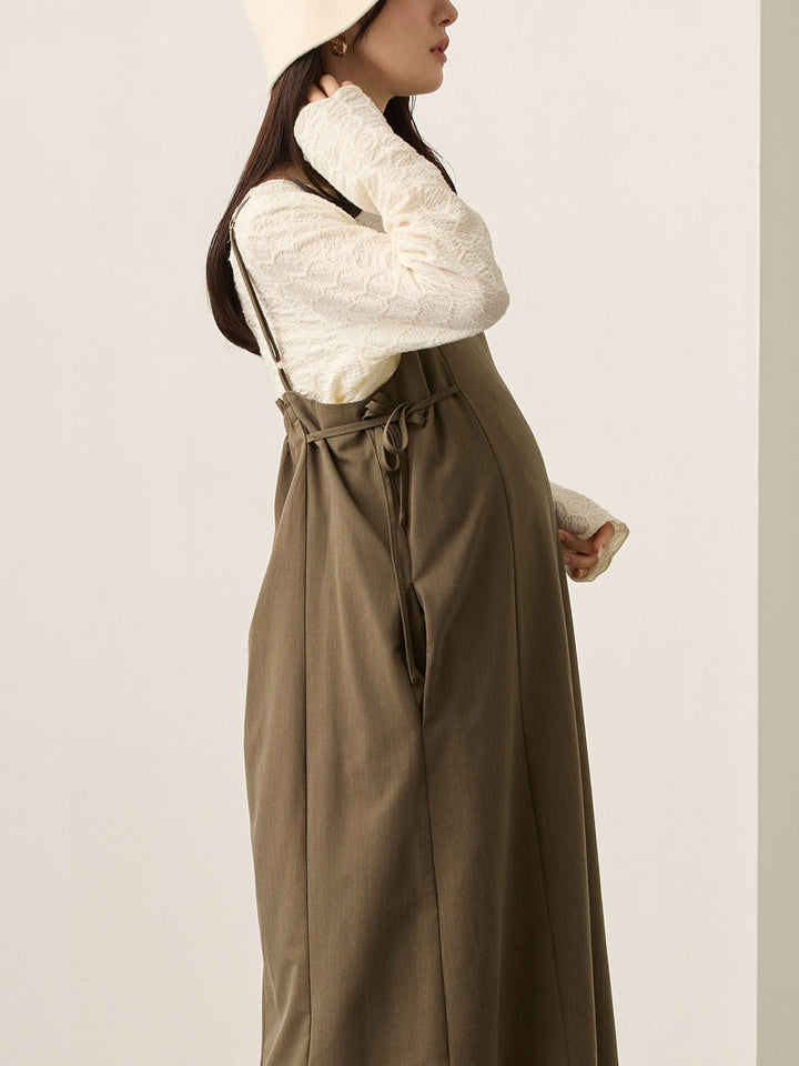 卡其色侧饰蝴蝶结吊带连衣裙