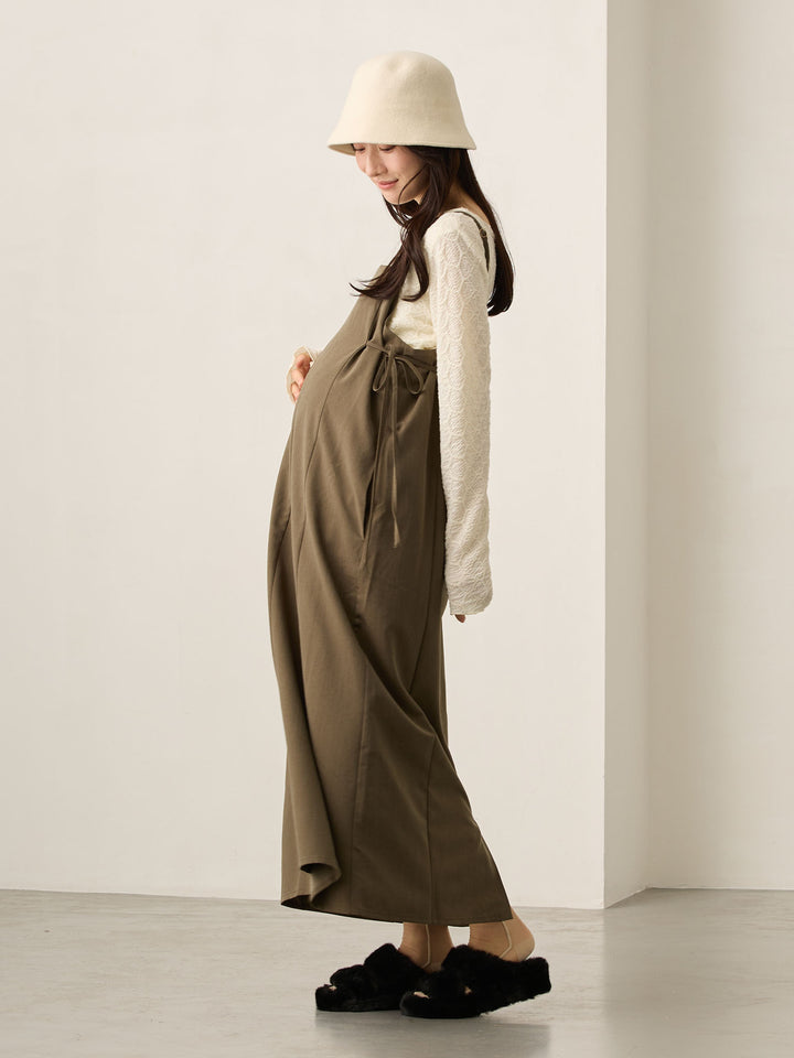 卡其色侧饰蝴蝶结吊带连衣裙