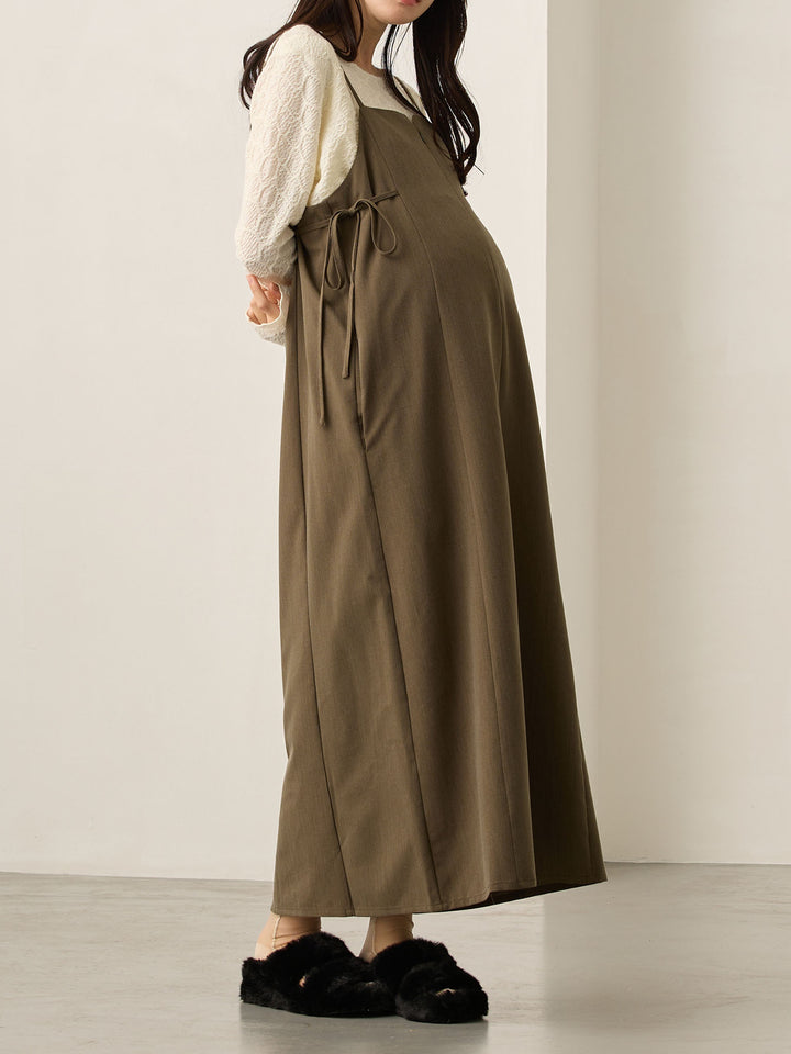 卡其色侧饰蝴蝶结吊带连衣裙