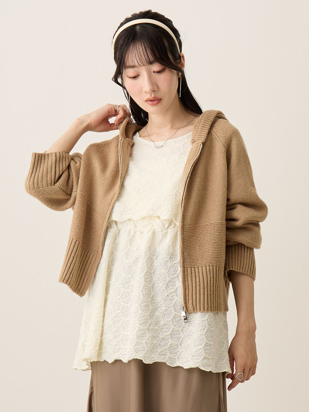 双拉链针织开衫 米色