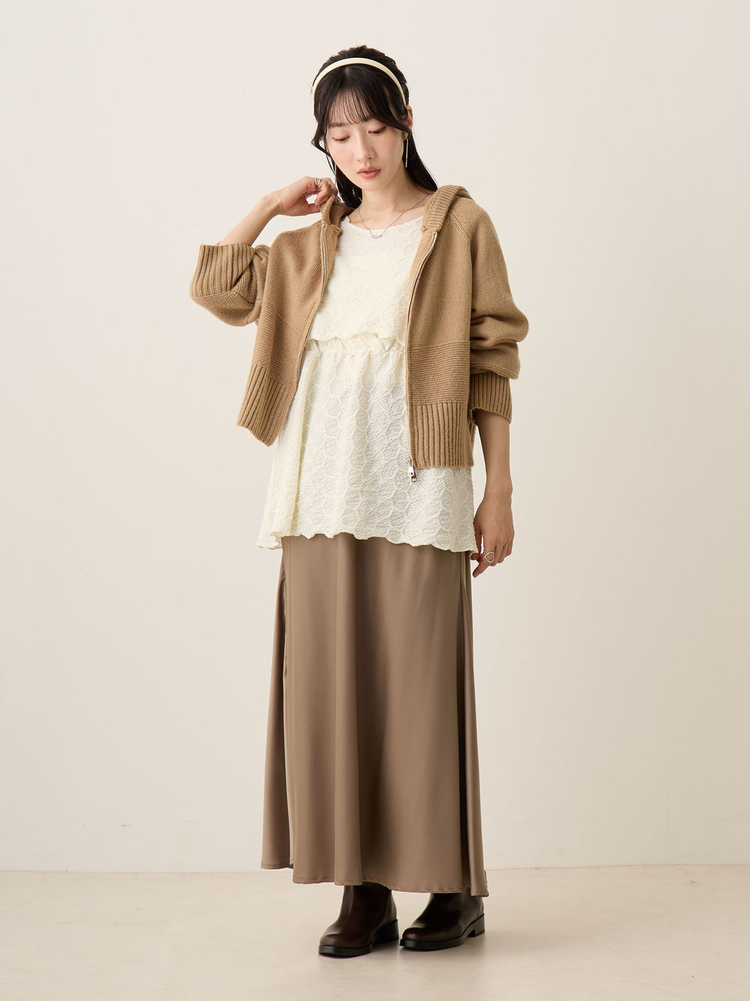 双拉链针织开衫 米色