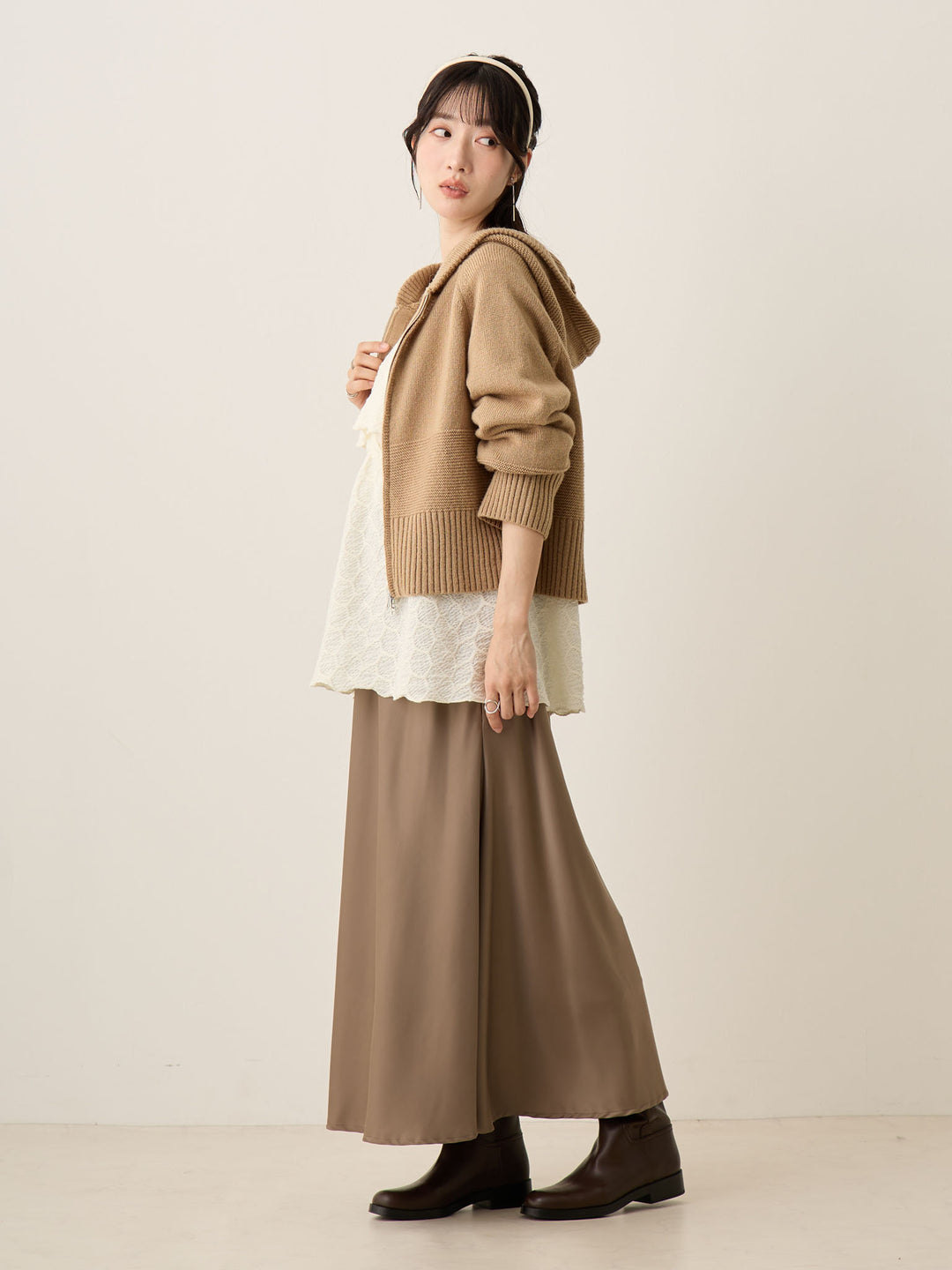 双拉链针织开衫 米色