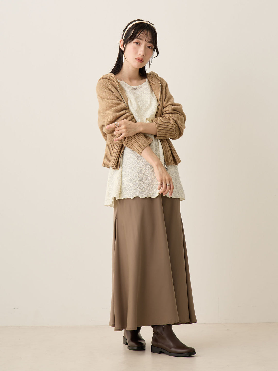 双拉链针织开衫 米色