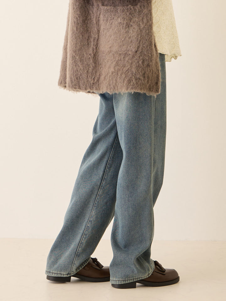 裏ボアストレートデニムパンツ Dark blue