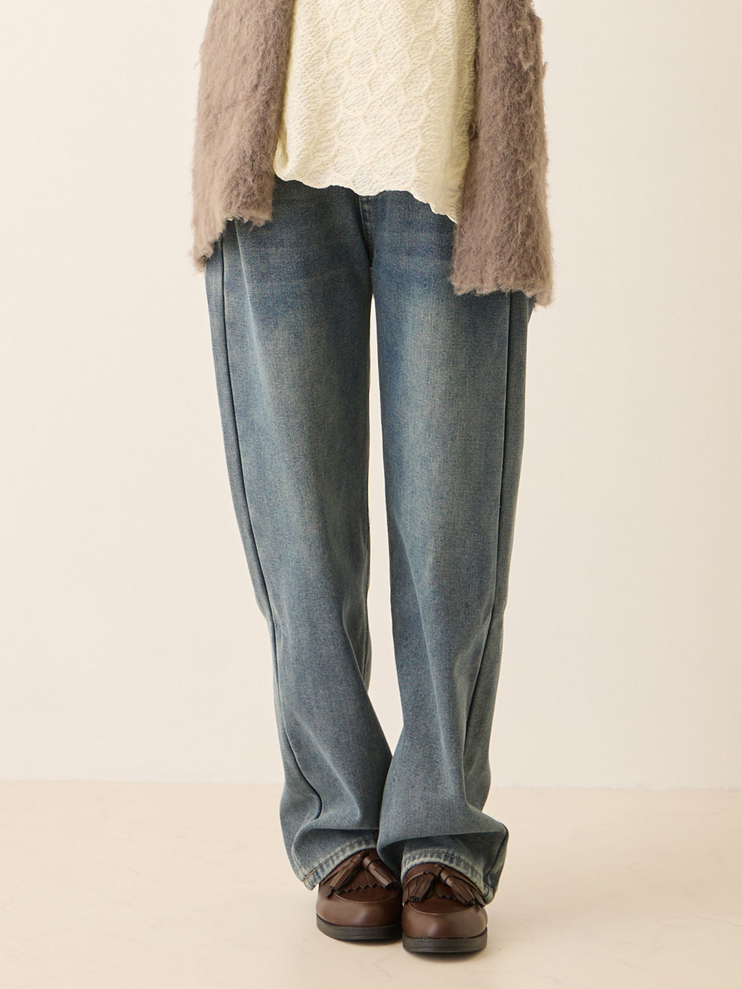 裏ボアストレートデニムパンツ Dark blue