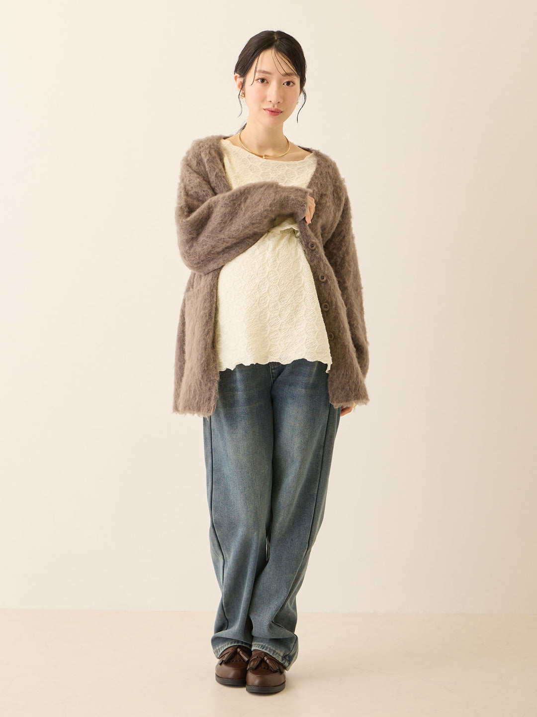 裏ボアストレートデニムパンツ Dark blue