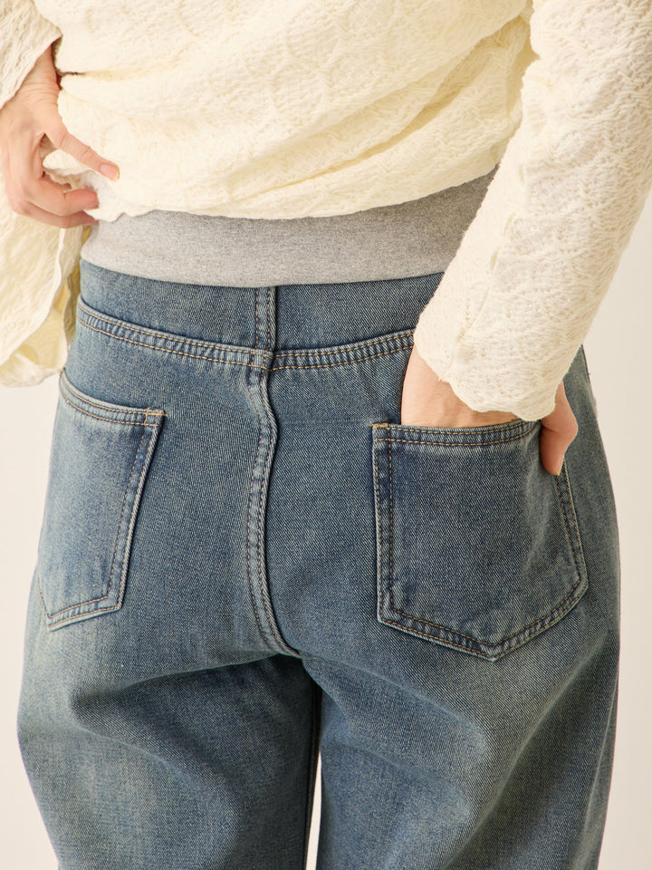 裏ボアストレートデニムパンツ Dark blue