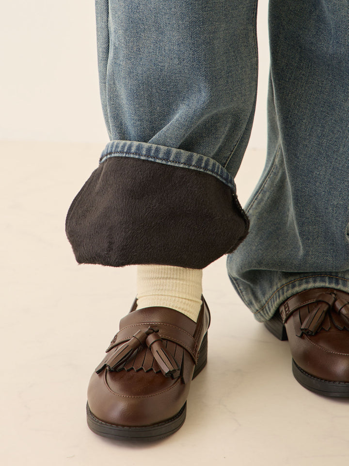 裏ボアストレートデニムパンツ Dark blue