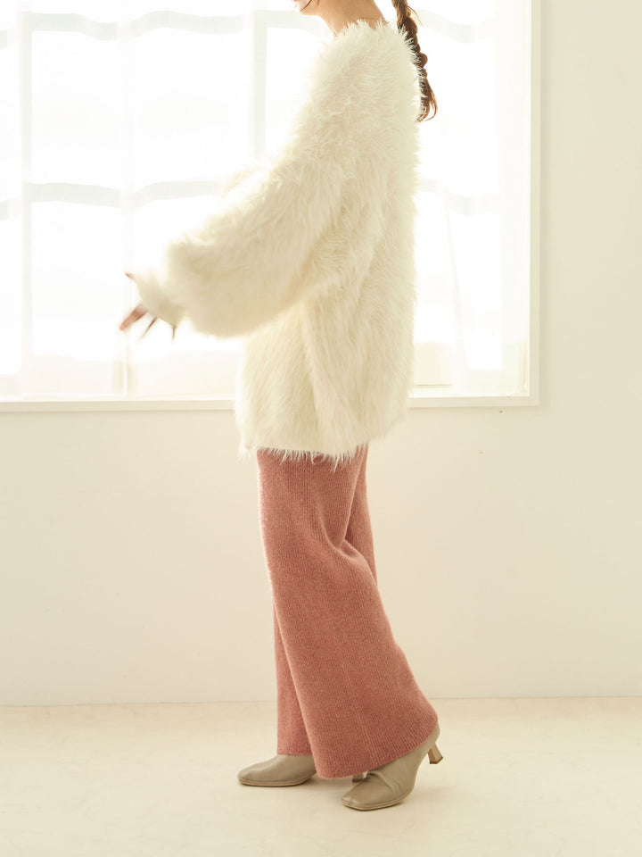 蓬松罗纹针织裤 粉色