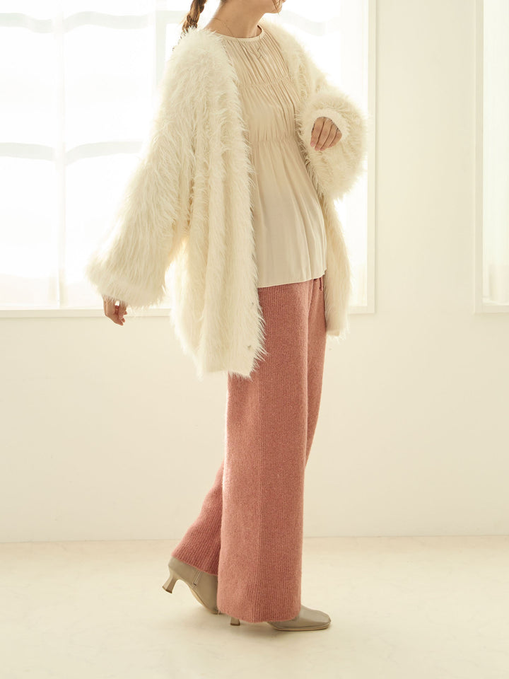 蓬松罗纹针织裤 粉色