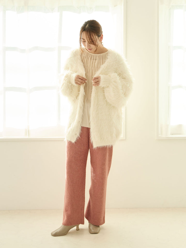 蓬松罗纹针织裤 粉色