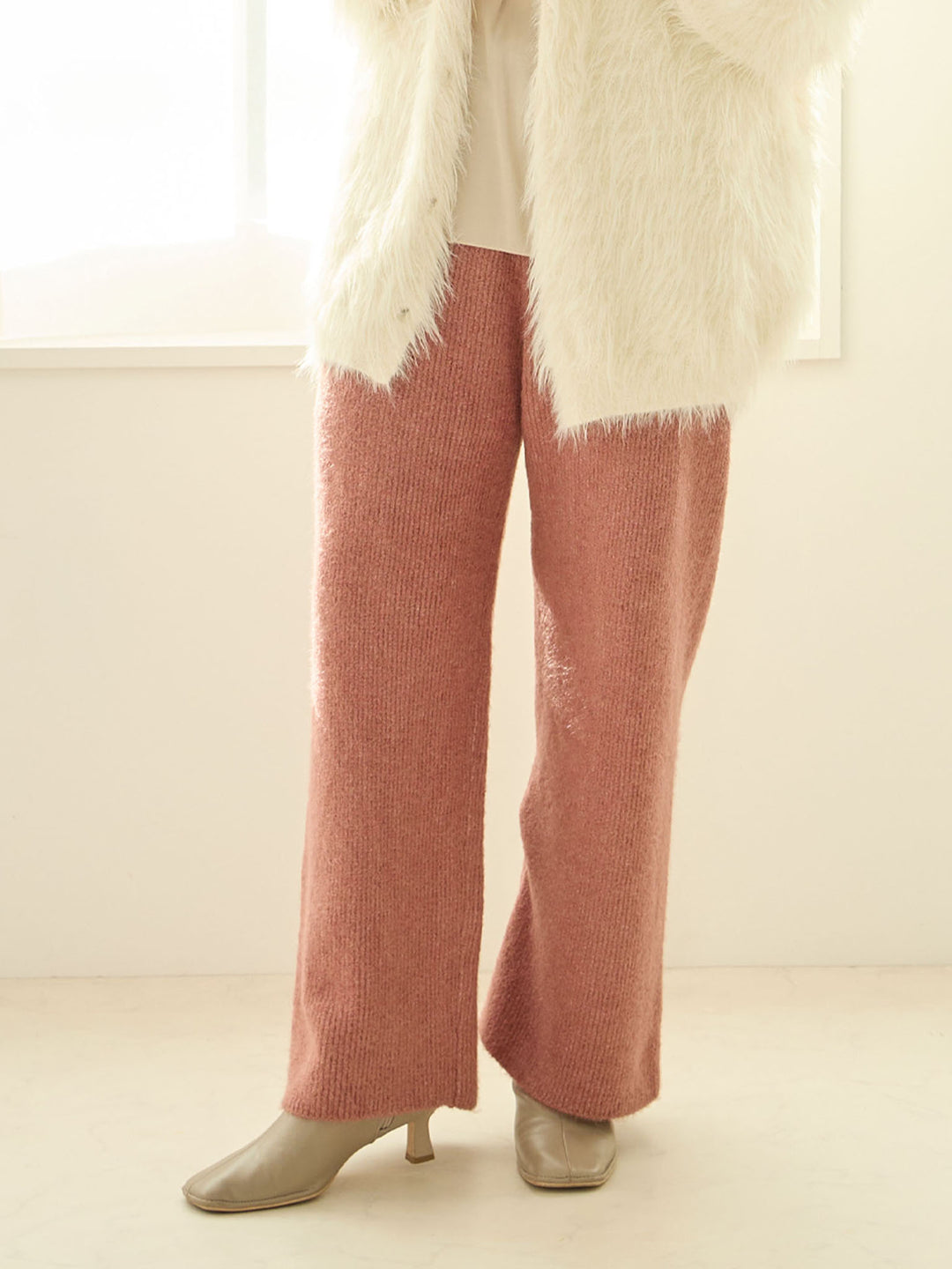 蓬松罗纹针织裤 粉色
